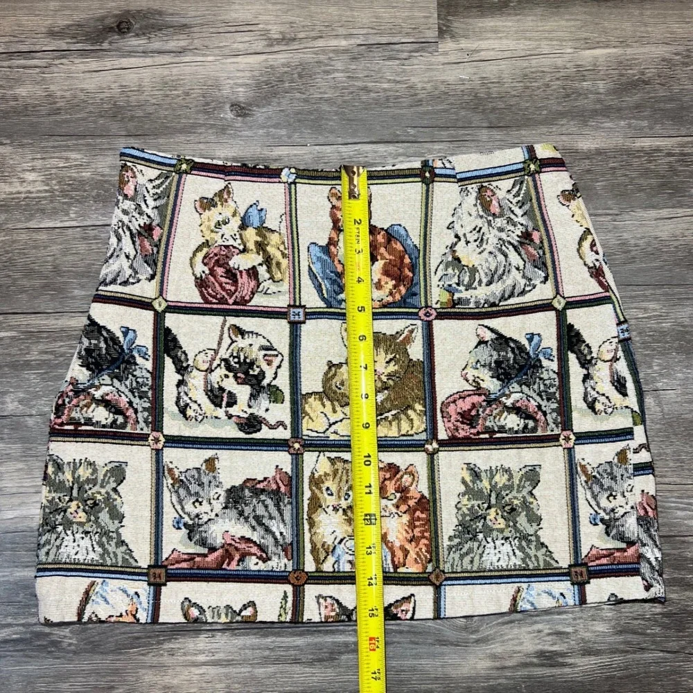 VTG Style Cat Tapestry Mini Skirt Medium Patchwork Novelty Woven Cottagecore - Picture 4 of 6
